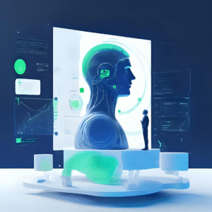 Ilustración futurista de inteligencia artificial con busto digital humano, gráficos holográficos y una figura humana observando, simbolizando el avance de la IA y el análisis de datos.
