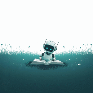 Un pequeño robot con ojos brillantes azules está sentado en un campo de césped, leyendo un libro abierto frente a él. A su alrededor hay flores pequeñas y un ambiente tranquilo, con un fondo blanco despejado que transmite calma y simplicidad.