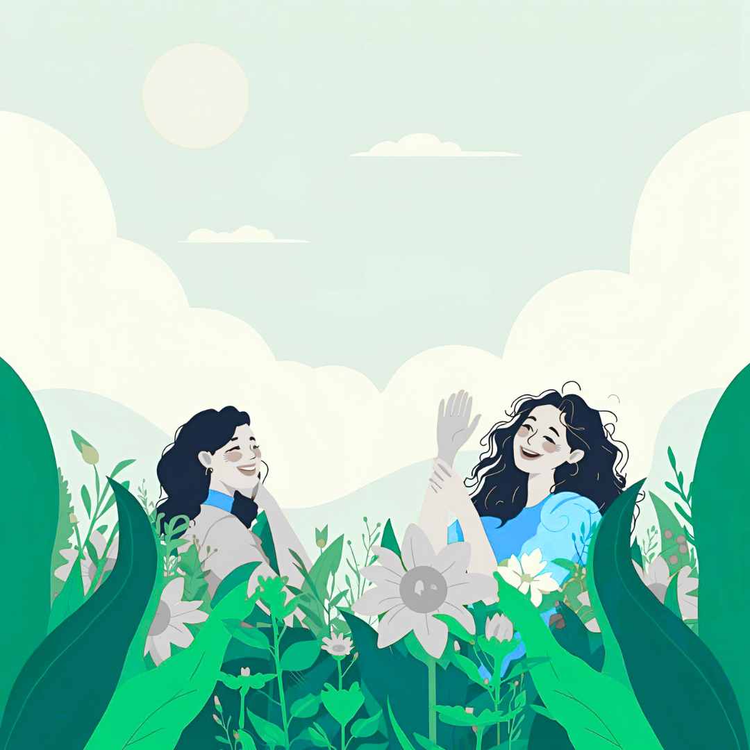 Ilustración de dos mujeres sonrientes disfrutando en un campo de flores bajo el sol, rodeadas de naturaleza, plantas verdes y un cielo despejado.