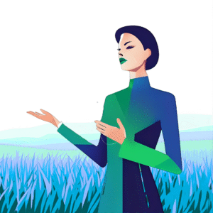Ilustración de mujer futurista con estilo minimalista, de pie en un campo azul y verde, representando innovación, liderazgo y equilibrio entre naturaleza y tecnología.