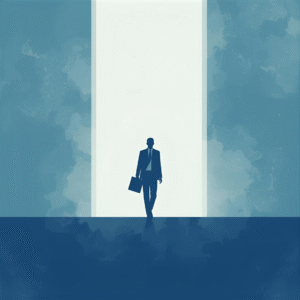 Ilustración minimalista de un ejecutivo caminando hacia una gran puerta luminosa, simbolizando liderazgo, innovación y oportunidades en la era digital.