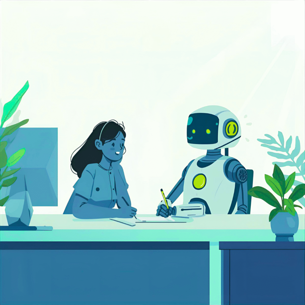 Ilustración de una niña trabajando junto a un robot en una oficina, simbolizando la colaboración entre humanos e inteligencia artificial en tareas educativas y laborales.