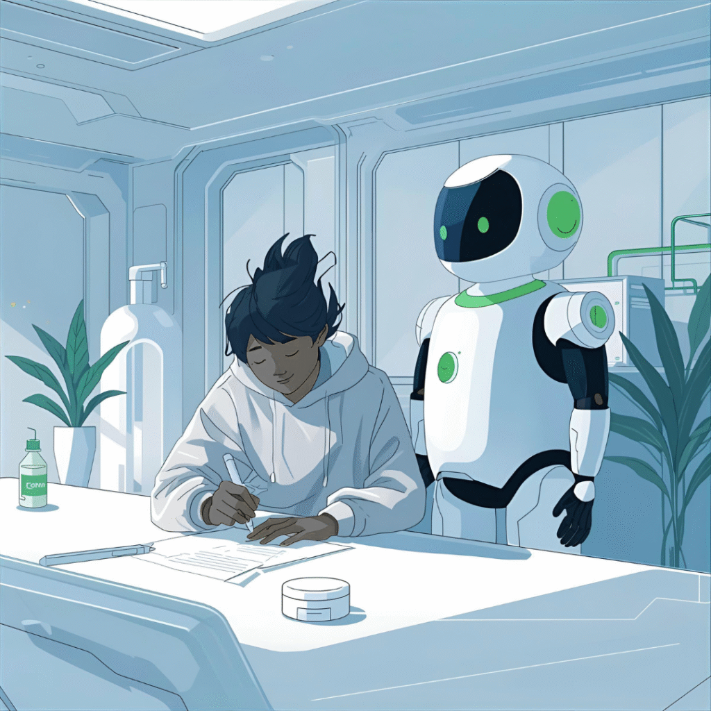 Ilustración de un joven escribiendo con la ayuda de un robot asistente en un entorno moderno, simbolizando la colaboración entre inteligencia artificial y humanos en procesos creativos y productivos.