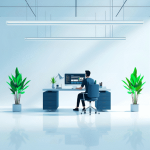 Persona trabajando en una oficina minimalista, sentado frente a un escritorio con computadora y pantallas. La escena incluye plantas verdes a los lados, lámparas largas en el techo y un entorno limpio, moderno y luminoso.