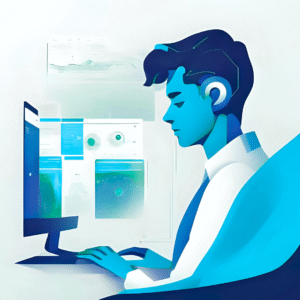 Ilustración de un joven con auriculares trabajando en una computadora, con pantallas flotantes mostrando datos y gráficos, estilo futurista en tonos azules y verdes.