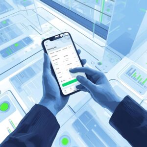 Usuario gestionando su cuenta de banca digital desde una aplicación móvil, revisando inversiones y criptomonedas con gráficos financieros en un entorno tecnológico futurista.
