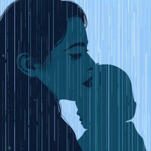 Ilustración de una madre abrazando a su hijo bajo la lluvia, transmitiendo amor, protección y ternura en un ambiente melancólico.