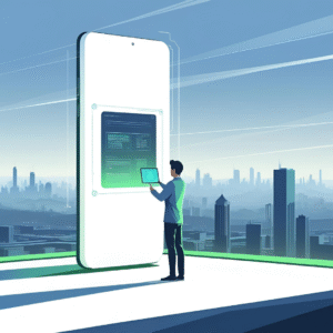 Ilustración futurista de un hombre interactuando con una gigantesca pantalla de teléfono inteligente en un entorno urbano moderno. El personaje sostiene una tableta y proyecta datos digitales en la pantalla gigante, representando la conexión entre dispositivos y la transformación digital en una ciudad inteligente.