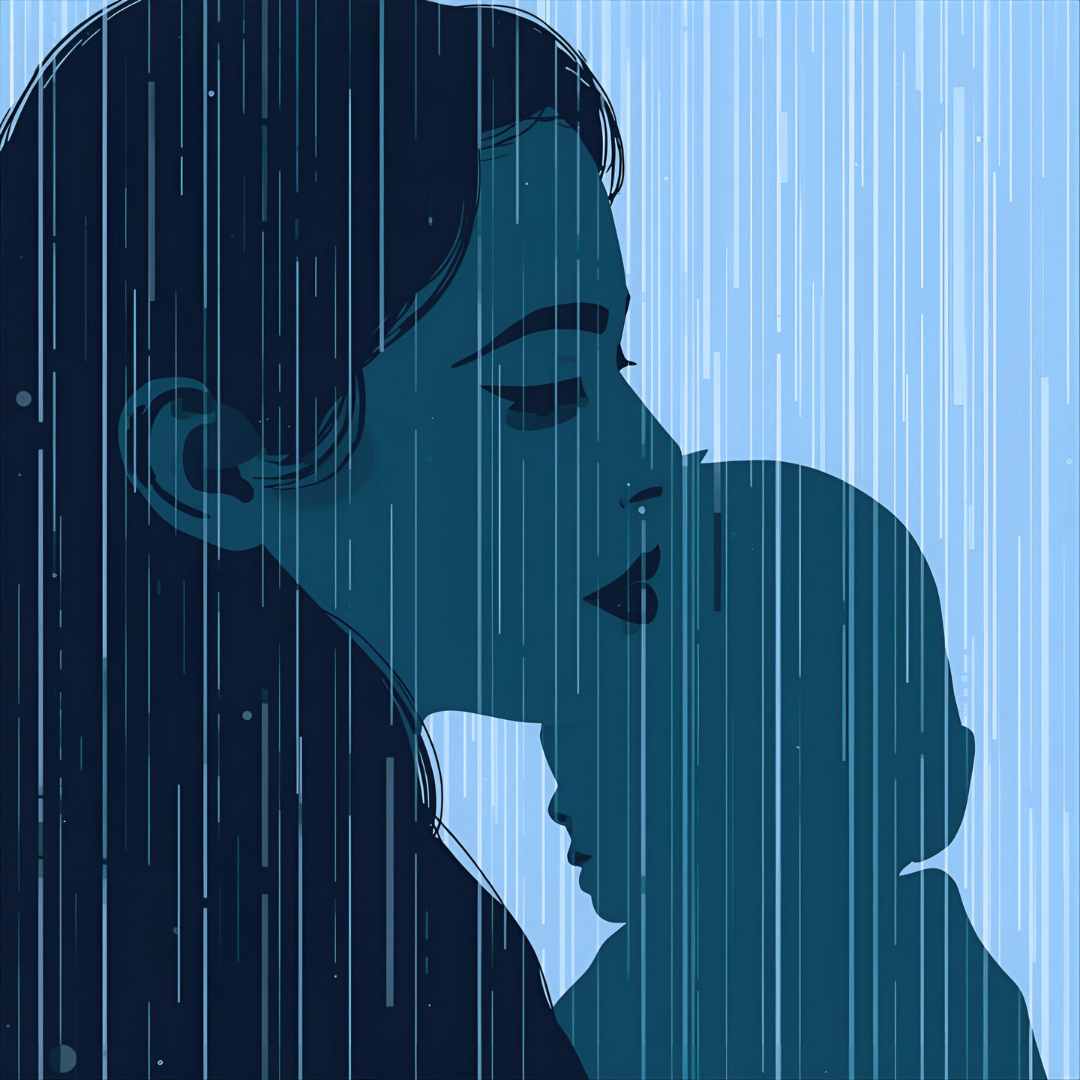 Ilustración de una madre abrazando a su hijo bajo la lluvia, transmitiendo amor, protección y ternura en un ambiente melancólico.