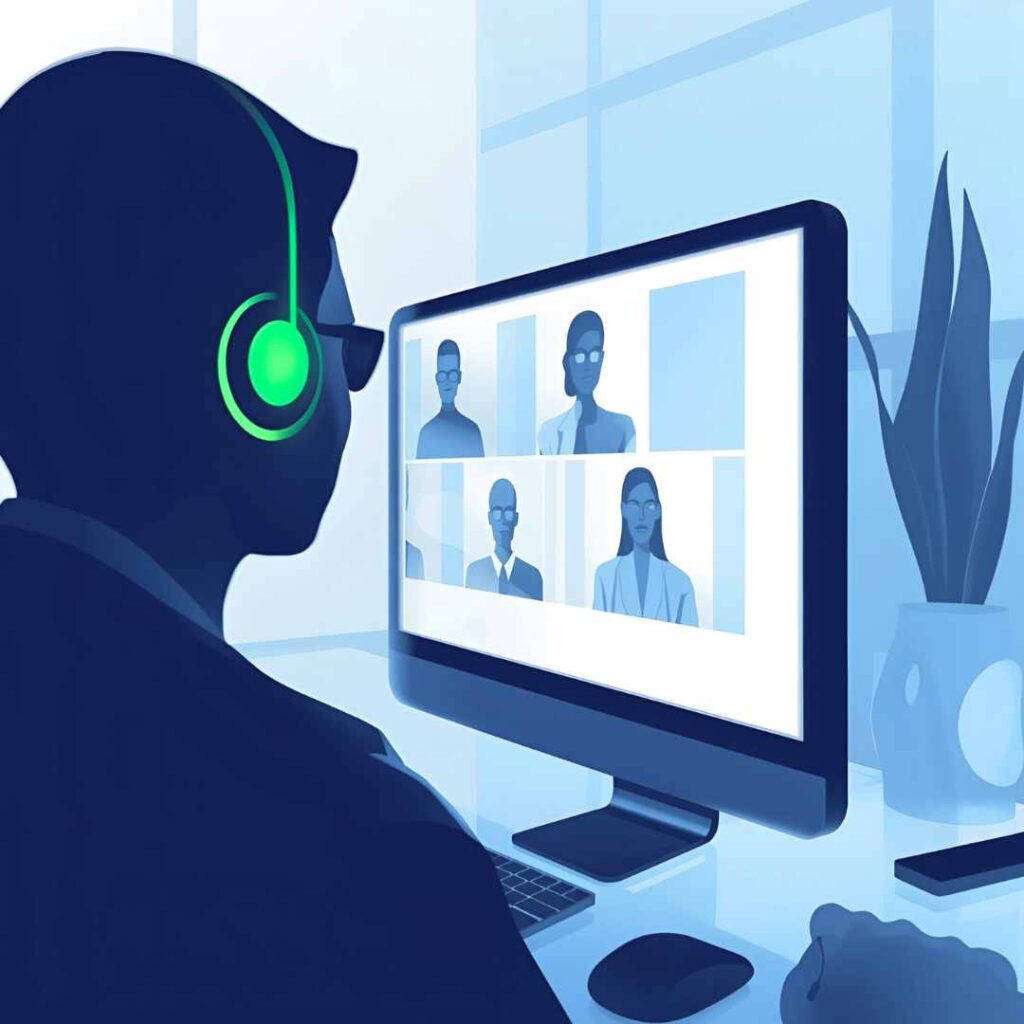 Profesional con auriculares verdes participando en una videollamada grupal desde su computadora de escritorio, ilustración digital de trabajo remoto y comunicación online.