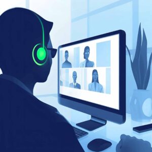 Profesional con auriculares verdes participando en una videollamada grupal desde su computadora de escritorio, ilustración digital de trabajo remoto y comunicación online.