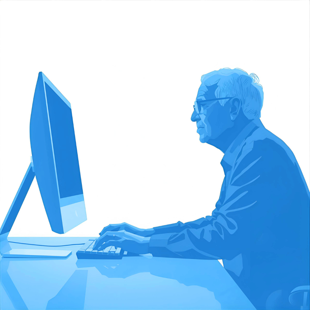 Ilustración digital de un hombre mayor utilizando una computadora de escritorio, simbolizando inclusión digital, aprendizaje tecnológico y adaptación de adultos mayores a la era digital.