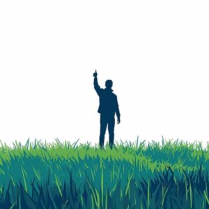 Ilustración de la silueta de un hombre de pie en un campo de césped verde levantando un dedo hacia el cielo, simbolizando liderazgo, éxito y superación personal.