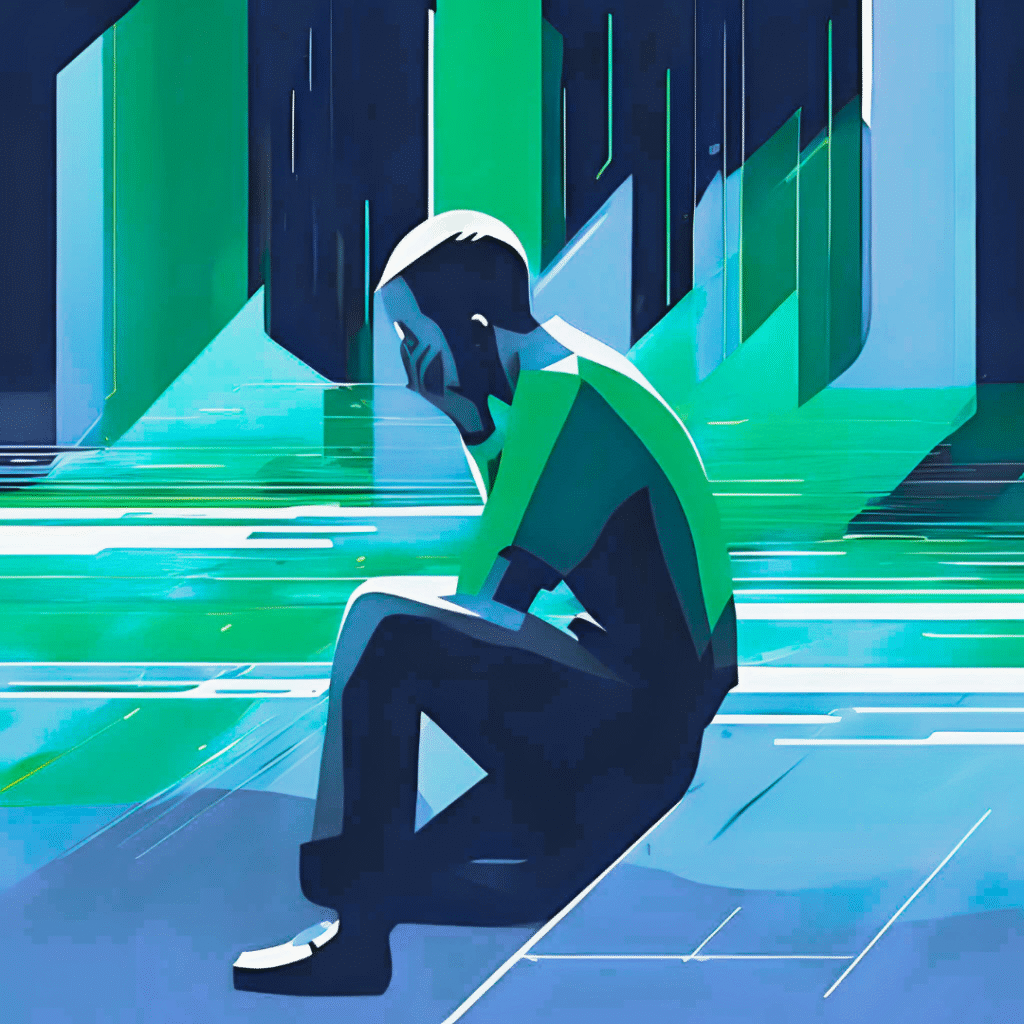 Ilustración digital de estilo futurista que muestra a una persona sentada en el suelo con una mano en el rostro, en una postura que transmite tristeza o reflexión. El entorno está formado por tonos azules y verdes brillantes con formas geométricas y luces que evocan un ambiente tecnológico o abstracto.