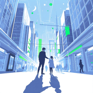 Ilustración digital de una ciudad moderna con altos edificios y luces de tonos azules y verdes. En primer plano, se ve a dos personas, una adulta y una niña, caminando de la mano por una avenida iluminada, rodeadas de otras siluetas de peatones. El cielo muestra una media luna y puntos brillantes que evocan un ambiente futurista o tecnológico.