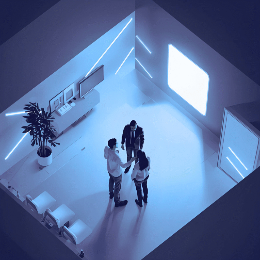 Ilustración digital de tres personas reunidas en una sala moderna iluminada con luces azules. Dos de ellas se dan la mano mientras una tercera observa. El espacio es minimalista, con una planta decorativa, sillas, una mesa con pantallas y una gran fuente de luz rectangular en la pared.
