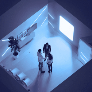 Ilustración digital de tres personas reunidas en una sala moderna iluminada con luces azules. Dos de ellas se dan la mano mientras una tercera observa. El espacio es minimalista, con una planta decorativa, sillas, una mesa con pantallas y una gran fuente de luz rectangular en la pared.