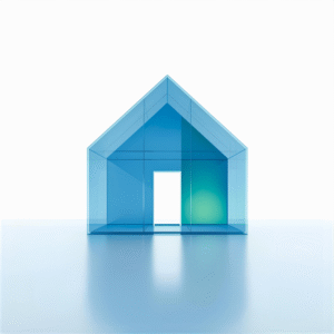 Ilustración minimalista de una casa transparente de color azul, colocada sobre una superficie reflectante también azul claro. La casa tiene forma geométrica simple con un techo triangular y una puerta abierta en el centro, iluminada por una luz blanca que entra desde el fondo.