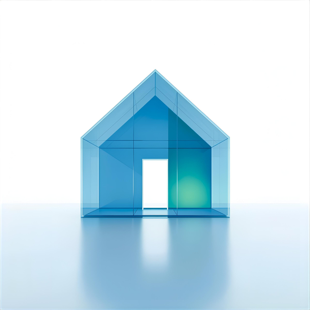 Ilustración minimalista de una casa transparente de color azul, colocada sobre una superficie reflectante también azul claro. La casa tiene forma geométrica simple con un techo triangular y una puerta abierta en el centro, iluminada por una luz blanca que entra desde el fondo.