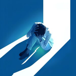 Ilustración minimalista de una persona sentada en el suelo, con las manos en la cabeza en señal de angustia o desesperación. La figura está vestida de blanco y proyecta una larga sombra azul hacia un espacio iluminado, como si estuviera junto a una puerta abierta que deja pasar una intensa luz blanca.