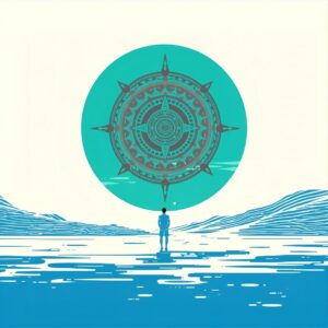 Ilustración de una persona de pie frente a un paisaje azul con agua y colinas estilizadas, mirando hacia un gran círculo turquesa en el cielo que contiene una rueda solar muisca en su interior.