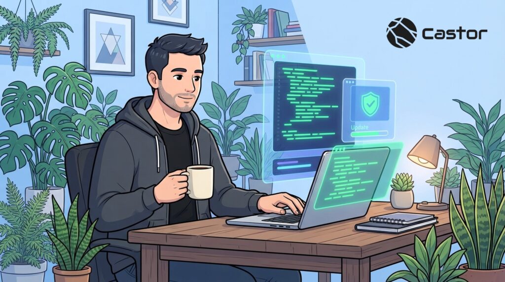 Ilustración de un desarrollador tomando café mientras programa con ayuda de IA, con paneles de código, un escudo de seguridad y una barra de actualización; presupuesto de TI 2027 y ciberseguridad