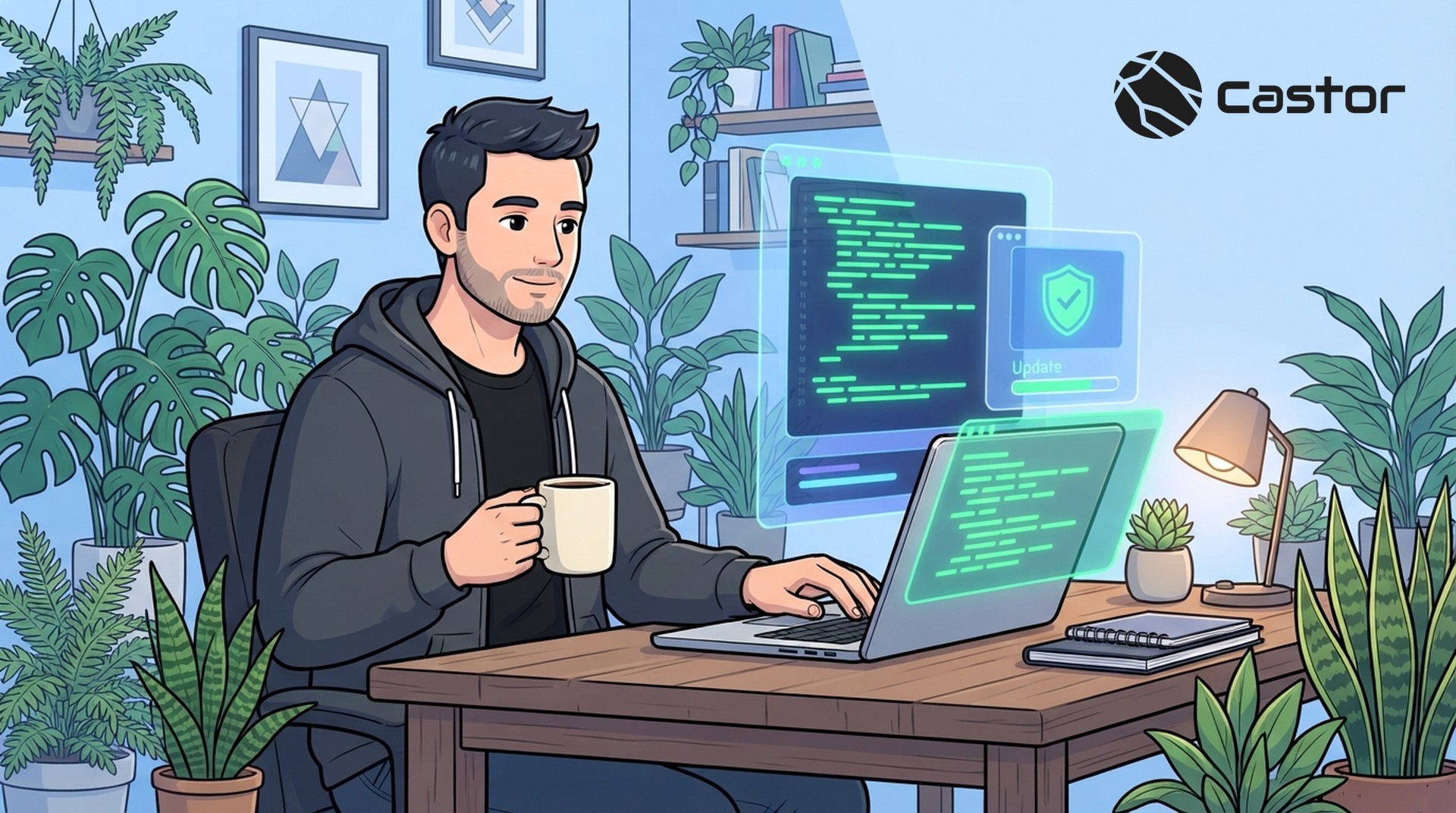 Ilustración de un desarrollador tomando café mientras programa con ayuda de IA, con paneles de código, un escudo de seguridad y una barra de actualización; presupuesto de TI 2027 y ciberseguridad