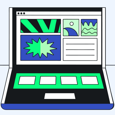 Ilustración de una laptop que en su pantalla tiene una página web que muestra varias imágenes abstractas